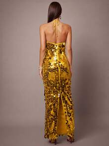 Silquee Sexy Sequin Solid Color Halter Backless Bodycon Dress,Summer Dresses For Women - Gold - View 2