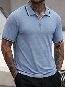 Manfinity CasualCool 男士短袖拉链纹理面料 Polo 衫，适合外出、办公穿着，图案 Polo 衫，浅蓝色男士服装，男士 Polo 衫，拉链 Polo 衫，男士高尔夫 Polo 衫，复古风格，日常休闲，周末旅行，户外活动，探险旅行，轻松的工作环境或半正式场合，男友/丈夫礼物，周年纪念/生日礼物，派对，暑假，新年，婚礼，情人节，蓝色男士上衣，学院风图案 Polo 衫，男士高尔夫球衫 - 藍色 - 查看 4