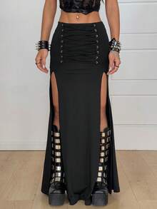 Coolane Women's Spring/Winter Streetwear Goth Y2k Rave Outfit Split Stretchy Straps Black Long Skirts - Black - View 1