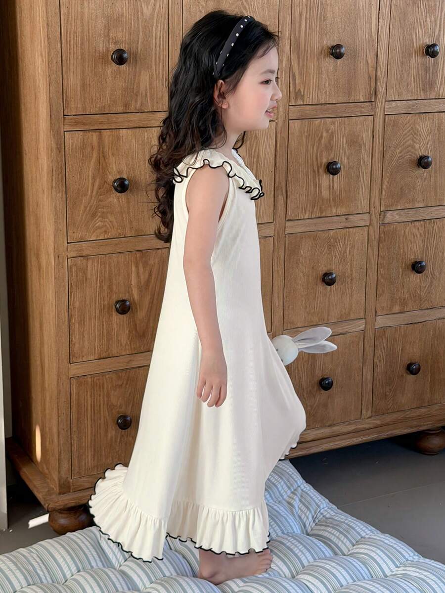 DAZY 少女荷叶边下摆休闲家居服连衣裙 - 米色 - 查看 1