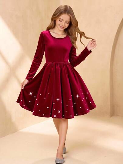 Glamorique Kids 复古优雅丝绒圆领长袖连衣裙，下摆饰有珍珠，适合青少年女孩，秋冬季穿着