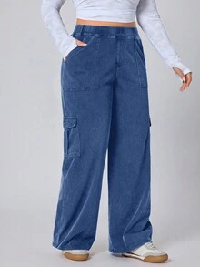 Flexra Plus Size Casual Washed Straight Leg Cargo Jeans - Medium Wash - View 5