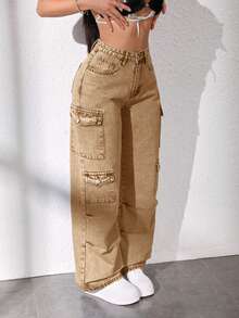 SHEIN Unity 女士休闲水洗直筒工装牛仔裤 - 卡其色 - 查看 6