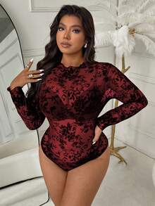 Femmeverse 大码女式植绒蕾丝长袖连体衣，性感修身 - 紅色 - 查看 5