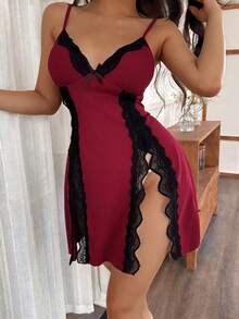 Women's Lace Trim Side Slit Sexy Camisole Nightgown - Burgundy - View 3