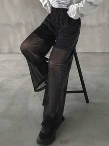 FRIFUL Pantalones sueltos y brillantes de moda para mujer - Gris - Ver 3