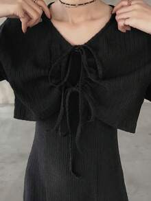 FRIFUL Women's Solid Color Textured Fabric Cinched Waist Flared Loose Casual Versatile 2 Pieces Set - Black - View 3