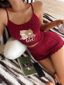 ZzzCrew Süßer Bären-Muster rotes Strick-Camisole & Shorts Pyjama Set für Frauen - Bordeaux - Übersicht 6