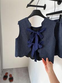 SHEIN Frenchy 女士夏季休闲纹理贝壳边系带背心和短裤两件套 - 彩色 - 查看 6