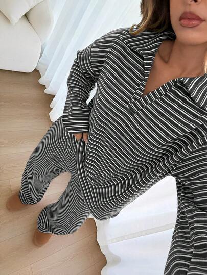 Siren Gaze Women's 2pcs Set Loose Striped V-Neck Drop Shoulder Long Sleeve T-Shirt &Elastic Waist Striped Pants, Winter Sweater Suit ,Autumn/Winter Spring