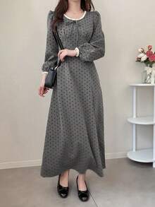 FRIFUL 拼接撞色蕾丝边长袖收腰波点甜美休闲连衣裙婚礼宾客礼服吊带裙 - 灰色 - 查看 4