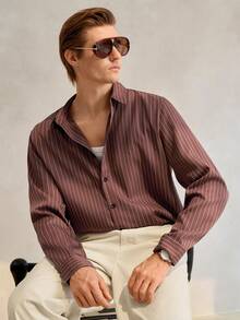 Manfinity CityGents Men's Casual Striped Print Long Sleeve Shirt, Suitable For Spring/Autumn, Vacation, Daily Wear, And Commuting Mens Striped Shirt Long Sleeved Shirt Mens Burgundy Shirt Brown Shirt Casual Shirt Men Striped Long Sleeve Shirt Men Burgundy Shirt Men Casual Shirt Pinstripe Shirt Men Men Brown Shirt - Brown - View 6