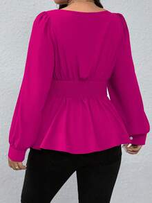 Elenzga 加大码方领纯色荷叶边下摆休闲长袖衬衫，适合圣诞节荷叶边上衣 - 玫紅色 - 查看 2