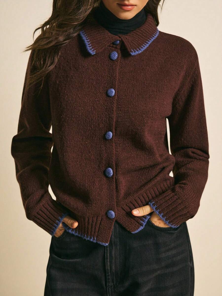 Poéselle 女士时尚休闲撞色纽扣饰边开衫 - 棕色 - 查看 1