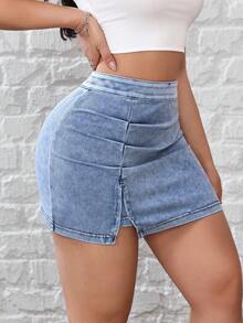 Flexra Women's Pleated Slit Design Fashionable Versatile Date Party Denim Mini Skirt