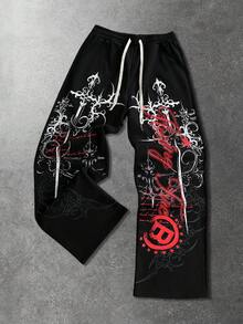 ROMWE MEN Goth 男士十字印花抽绳腰带运动裤 - 黑色 - 查看 7