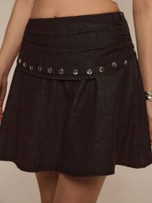 ATUI Studio 女士高腰褶裥铆钉设计时尚牛仔裙 - 黑色 - 查看 2