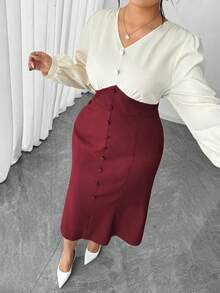 SHEIN Elenzya 时尚优雅的通勤撞色拼接美人鱼下摆加大码连衣裙 - 酒紅色 - 查看 6