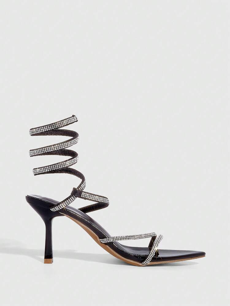 CUCCOO SZL Women Fashionable Rhinestone Decor Pointed Toe Stiletto Heeled Sandals Prom Heels