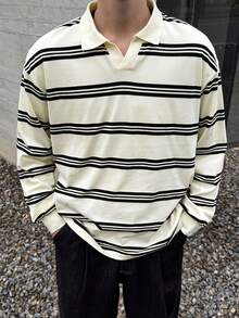 DAZY Men's Striped Black & White Polo Shirt, Spring/Autumn - Multicolor - View 1