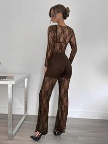 Siren Gaze 2pcs Women's Sexy Sheer Lace Top And Lace Pants Set, Stylish Design, Spring/Summer Sheer Outfits For Women Mesh Two Piece Set Lace 2 Piece Set - Coffee Brown - View 2