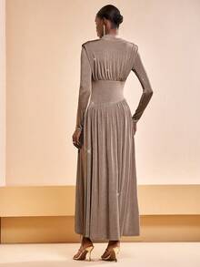 Zivah Winter Spring New, Music Festival, Easter, Western, Nomadic, Birthday Party, Holiday Dress, Party Dress, Elegant Dress For Women, Airport Outfits, Party, Holiday Outing, Elegant Banquet, Ball Gown, Street Fashion, Pleated Decor Fitted Waistline A-Line Midi Dress, Stretchy Knit, Shiny Knit Fabric Elegant Party Dress For Women - Brown - View 4