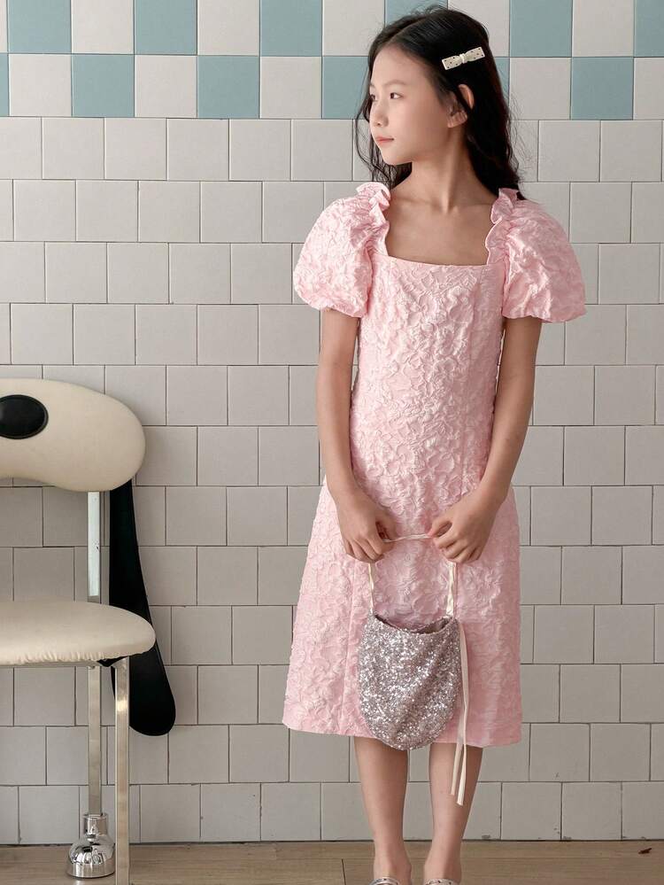 Tween Girls Floral Print Puff Sleeve Crew Neck Dress, Fall