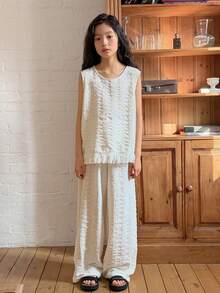 DAZY Tween Girl Solid Color Ruffle Collar Sleeveless Shirt And Long Pants Casual Outfit - Beige - View 3