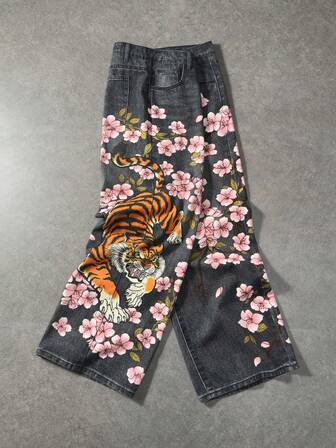 Jeans casuales de pierna ancha y suelta con bolsillo con estampado floral y de tigre para hombres