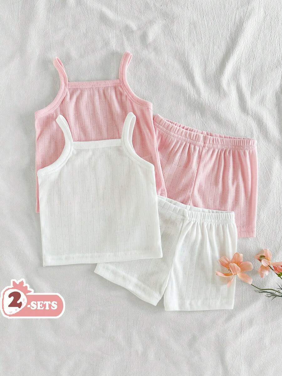 SHEIN Vintaside Kids 女婴纯色吊带背心和松紧腰短裤套装，夏季淑女装 - 彩色 - 查看 1