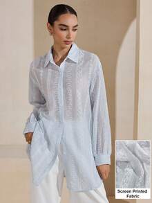 Graphic Print Loose Sweet French Chic Lightweight Semi-Sheer Long Sleeve Shirt - Blue - View 4