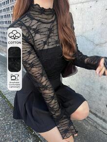 FRIFUL 女士高领修身蕾丝吊带背心 - 黑色 - 查看 1