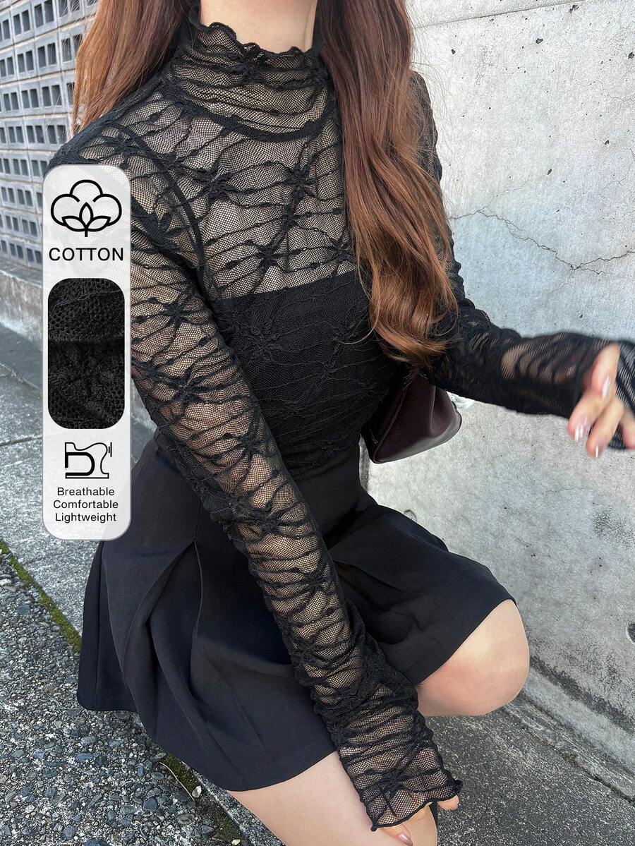 FRIFUL 女士高领修身蕾丝吊带背心 - 黑色 - 查看 1