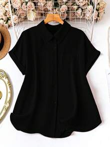 SHEIN LUNE 大码女式纯红色休闲短袖衬衫上衣，夏季衬衫，女士度假休闲衬衫 - 黑色 - 查看 1