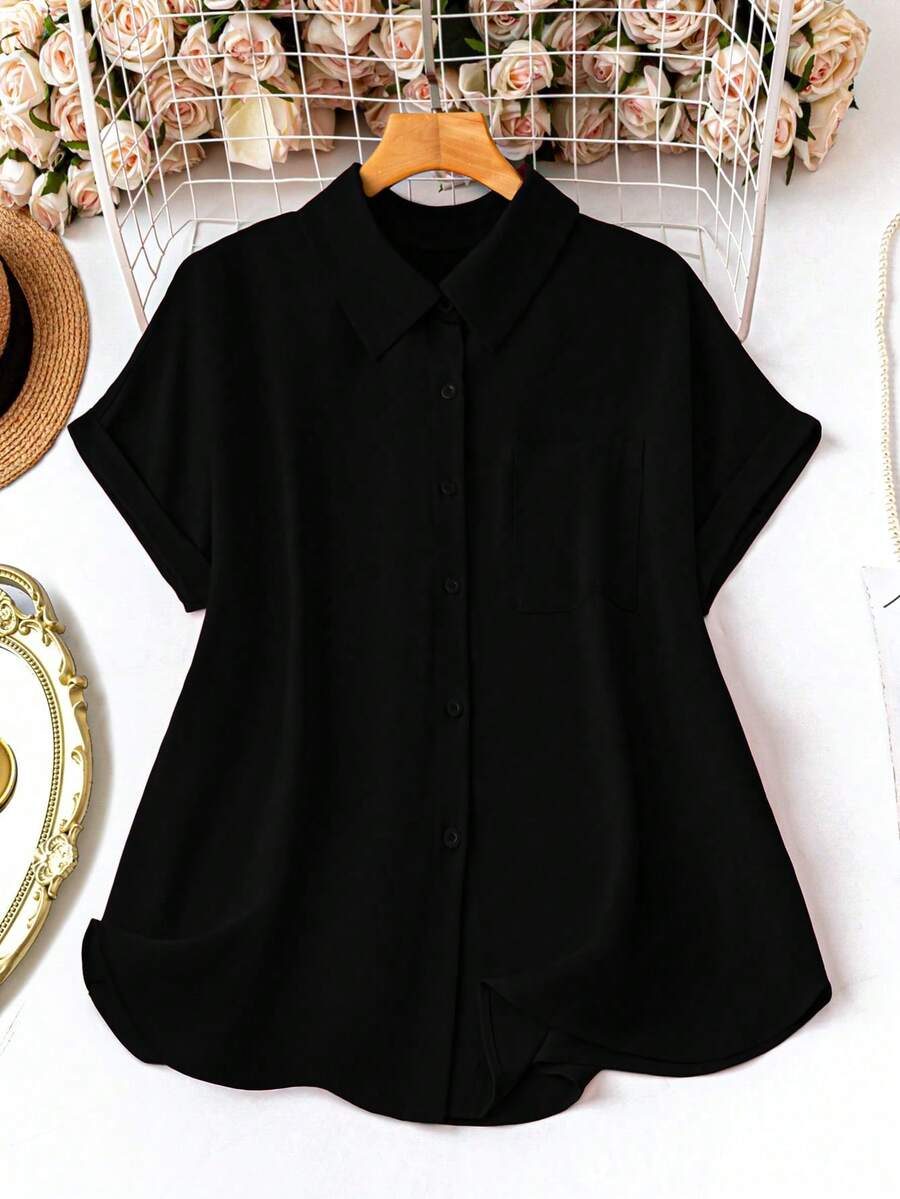 SHEIN LUNE 大码女式纯红色休闲短袖衬衫上衣,夏季衬衫,女士度假休闲衬衫 - 黑色 - 查看 1