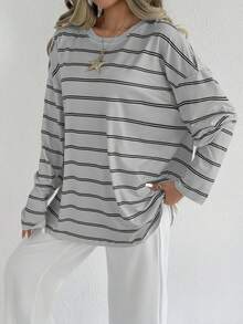 SHEIN EZwear 休闲条纹长袖圆领T恤，秋季 - 灰色 - 查看 5