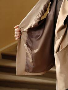 Arave Women's V-Neck Wide Shoulder H-Line Vest With Metal Buckle Pockets High Waist Straight Leg Pants Suit, Suitable For Daily Commute - Khaki - View 8