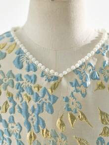 SHEIN Đầm dệt jacquard tay phồng trang trí nơ thanh lịch dành cho bé gái tuổi teen - Màu xanh lam - Xem 9