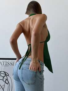 Aloruh Camisola feminina sexy champanhe com alças de cetim e fivela de metal no pescoço, ideal para passeios e festas. - Verde escuro - Ver 2