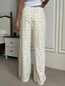 Aloruh 女士春夏新款优雅度假沙滩休闲贝壳、海星、珊瑚印花条纹低腰直筒裤 - 彩色 - 查看 3