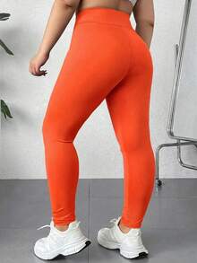 SHEIN EZwear Plus Size Solid Color Elastic High Waist Skinny Leggings - Orange - View 3