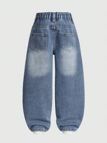 SHEIN Girls' Versatile Fashion Distressed Straight Leg Blue Jeans Star Jeans Cute Baggy Jeans - Blue - View 2