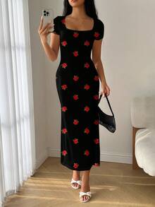 SHEIN EZwear Women's Spring Summer Square Neck Mermaid Hem Bodycon Dress With Rose Print, Boho, Going Out, Vintage, Seaside Vacation, Romantic, Vacay Vibes - Multicolor - View 5