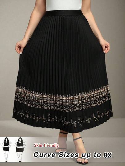 SHEIN CURVE+ Plus Size Women's Pleated Floral Print Skirt, Elegant For Outings And Vacations