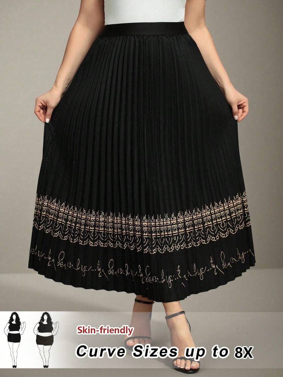 SHEIN CURVE+ 大码女式褶裥印花半身裙,优雅百搭,适合外出和度假 - 黑色 - 查看 1