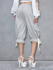 ROMWE Avant Multi-Layer Drawstring Tie Frayed Hem Casual Capri Pants - Grey - View 3