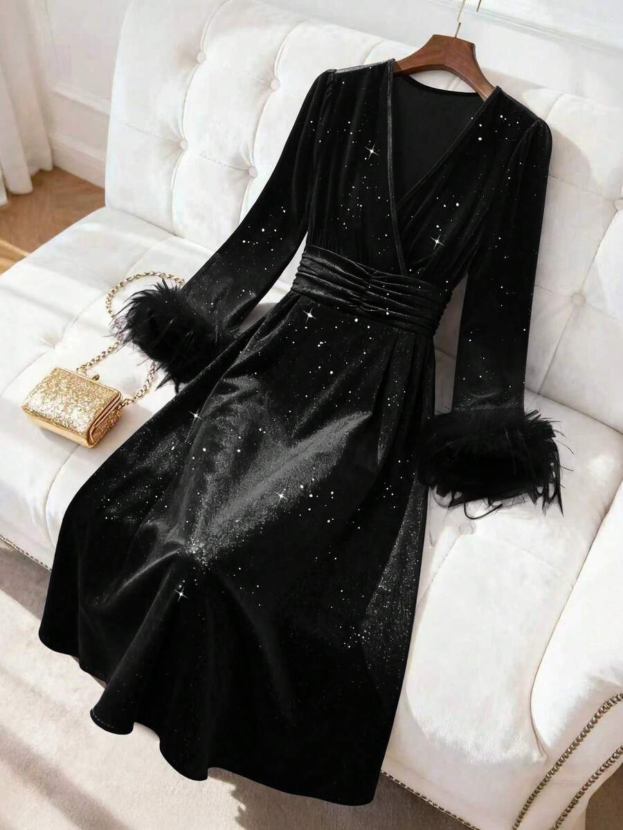 GlowEve Women's Velvet Waist A-Line Sleeve Faux Fur Trim Fitted Elegant Everyday Commute Fashion French Street Vintage Versatile Christmas Party New Year Holiday Business Burgundy Long Sleeve Dress, Autumn/Winter - Black - View 1
