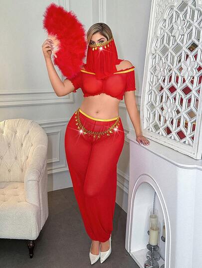 Plus Size Women's Off-Shoulder Sheer 3-Piece Lingerie Set, Sexy Outfit