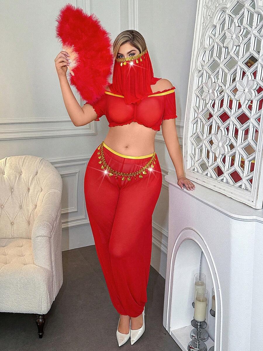 Plus Size Women's Off-Shoulder Sheer 3-Piece Lingerie Set, Sexy Outfit