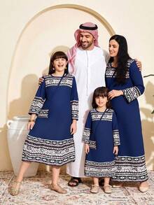 Girls Navy Blue Autumn Long Sleeve Tunic Dress,Modest Round Neck Flared Hem Print Polyester Dress For Family Matching,Elegant Party Streetwear Outfits - Blue - View 1